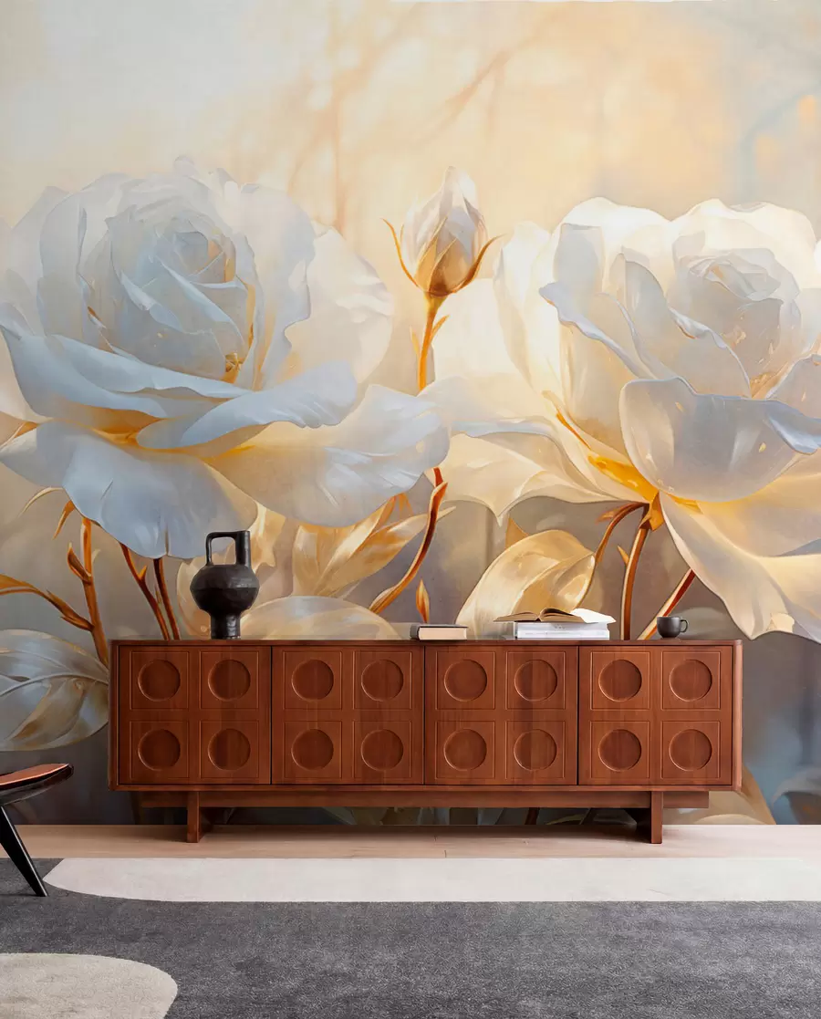 wall murals Беле текстуриране руже са жутим стабљикама и листовима, меко осветљење, светла позадина са замућеним цветним облицима w09258