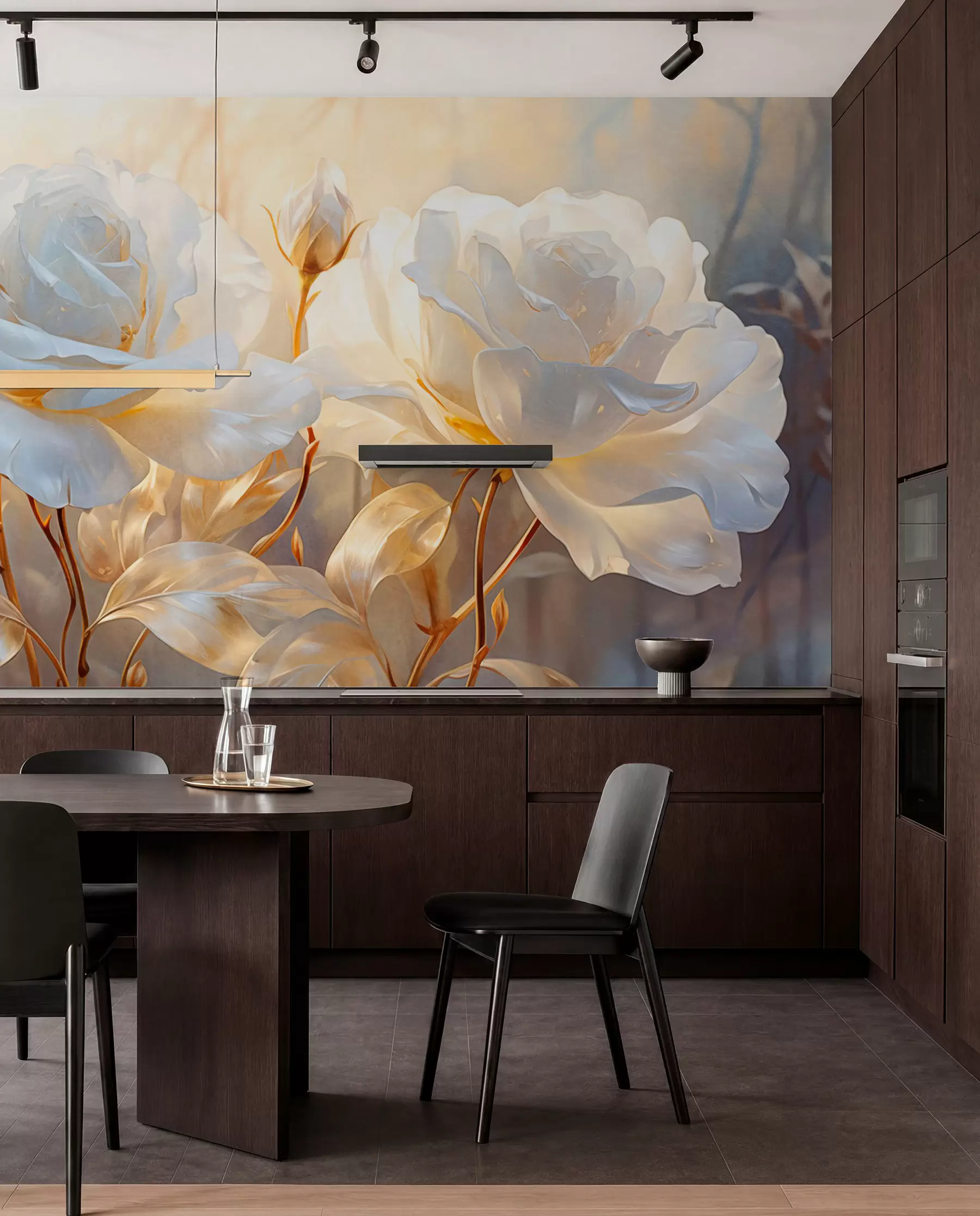wall murals Беле текстуриране руже са жутим стабљикама и листовима, меко осветљење, светла позадина са замућеним цветним облицима w09258