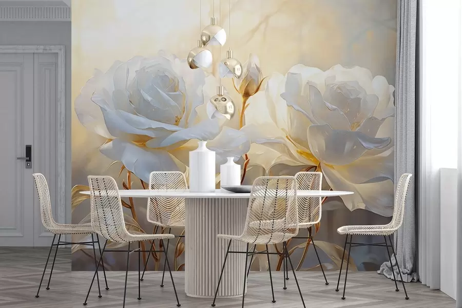 wall murals Беле текстуриране руже са жутим стабљикама и листовима, меко осветљење, светла позадина са замућеним цветним облицима w09258