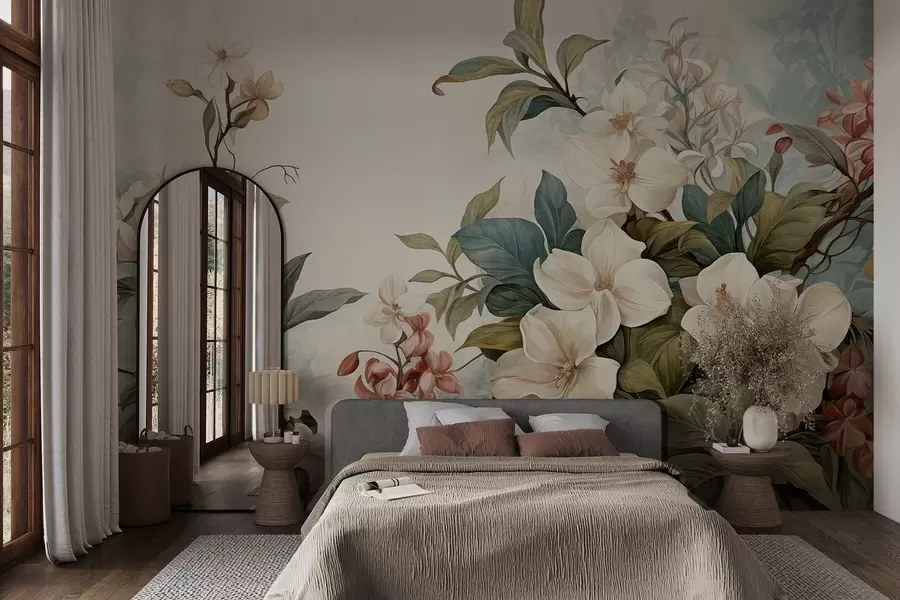 wall murals Текстурирано тропско цвеће и лишће са меким плавим и зеленим нијансама, нежни потези четкицом, винтаге ботанички стил w09259