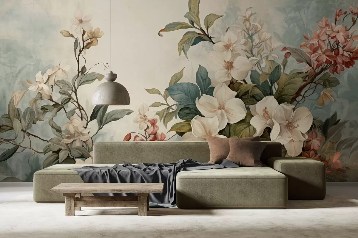 wall murals Текстурирано тропско цвеће и лишће са меким плавим и зеленим нијансама, нежни потези четкицом, винтаге ботанички стил w09259