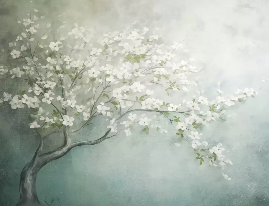 wall murals Дрво у цвету са белим цветовима у пуном цвету, на зрнастој, бучној текстурираној позадини пригушене плаве и зелене боје w09261