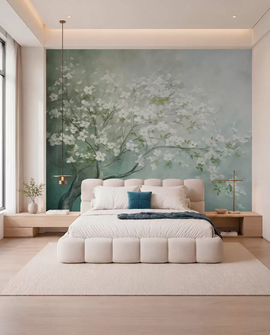 wall murals Bijeli cvjetovi na petroleju w09261