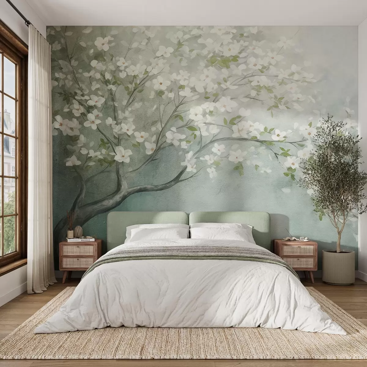 wall murals Дрво у цвету са белим цветовима у пуном цвету, на зрнастој, бучној текстурираној позадини пригушене плаве и зелене боје w09261