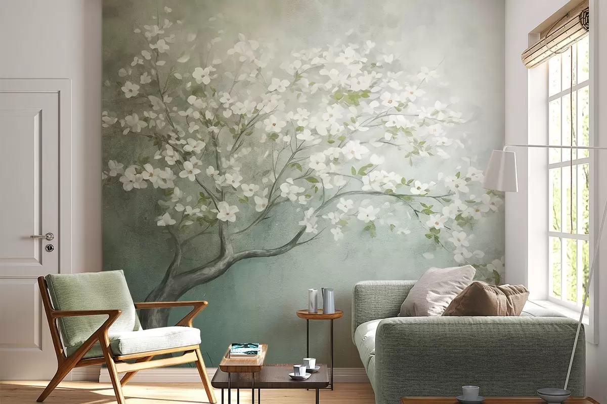 wall murals Дрво у цвету са белим цветовима у пуном цвету, на зрнастој, бучној текстурираној позадини пригушене плаве и зелене боје w09261