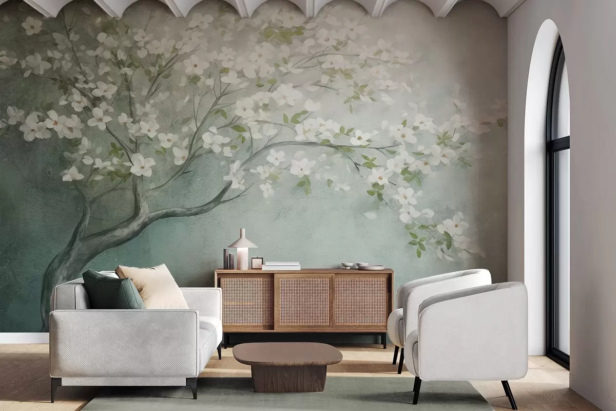 wall murals Дрво у цвету са белим цветовима у пуном цвету, на зрнастој, бучној текстурираној позадини пригушене плаве и зелене боје w09261