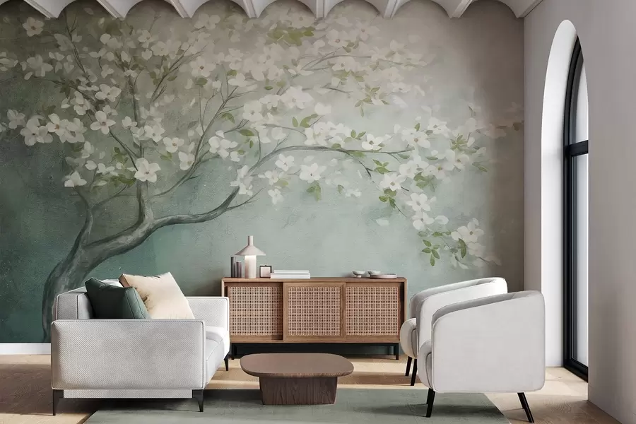 wall murals Дрво у цвету са белим цветовима у пуном цвету, на зрнастој, бучној текстурираној позадини пригушене плаве и зелене боје w09261