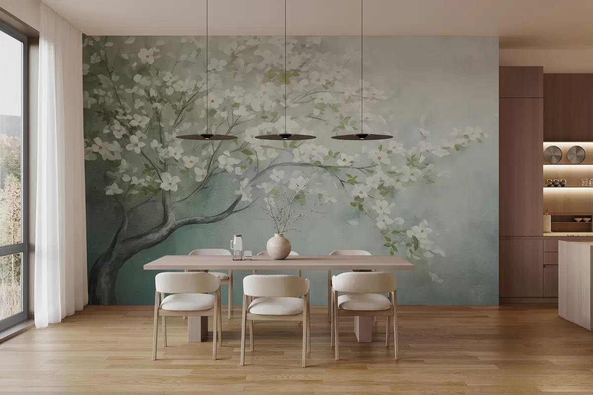 wall murals Дрво у цвету са белим цветовима у пуном цвету, на зрнастој, бучној текстурираној позадини пригушене плаве и зелене боје w09261