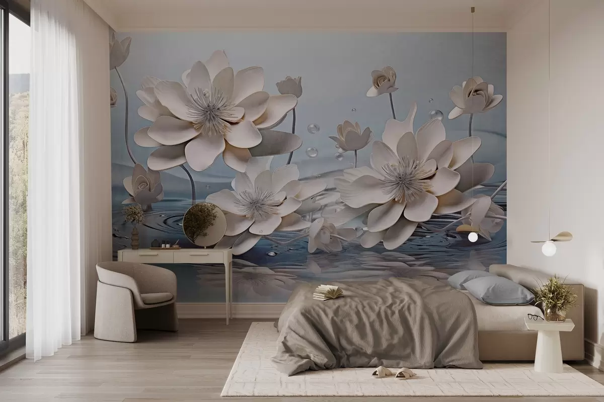 wall murals Бело текстурирано цвеће са капљицама воде, одсјаји на површини воде, светлоплава позадина, елегантан дизајн w09262