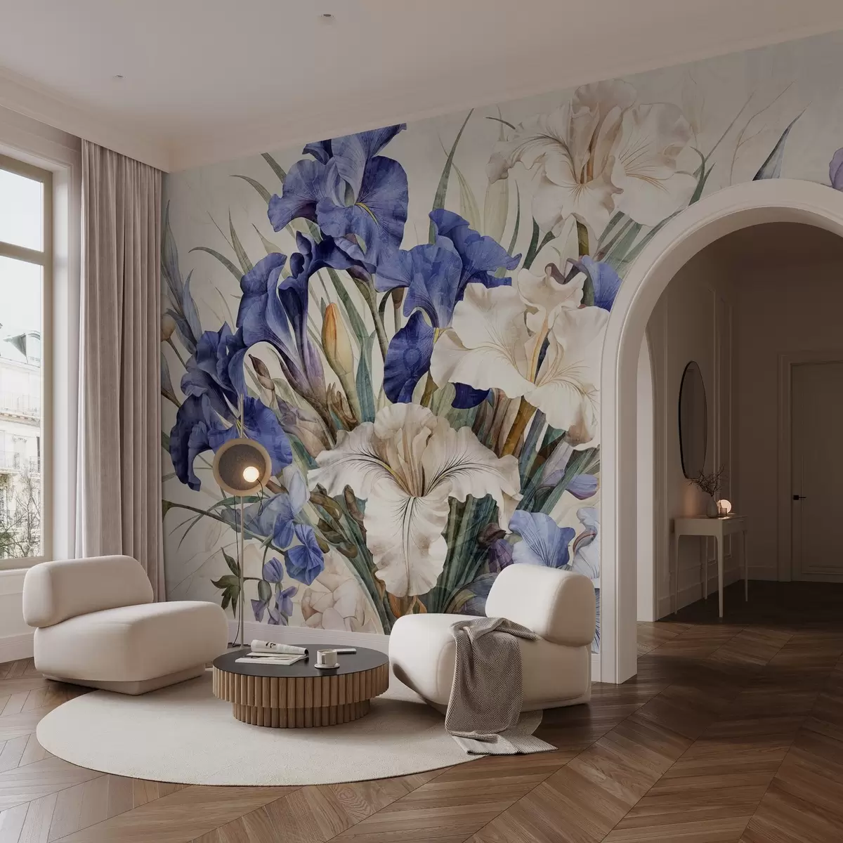 wall murals Винтаж текстурирани букет љубичастих перуника, аранжиран са зеленим листовима и стабљикама, постављен на мекој позадини w09263