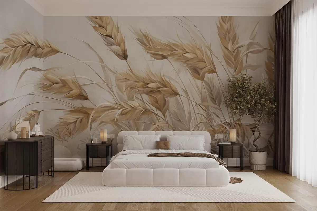 wall murals Поље текстуриране пшеницом са беж класјевима жита које се њишу на ветру, меке и пригушене боје, стварајући осећај топлине  w09264