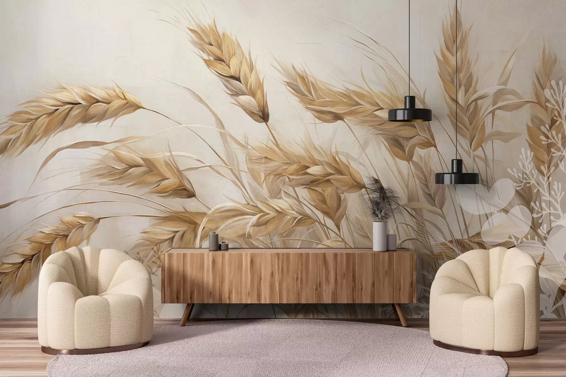 wall murals Поље текстуриране пшеницом са беж класјевима жита које се њишу на ветру, меке и пригушене боје, стварајући осећај топлине  w09264