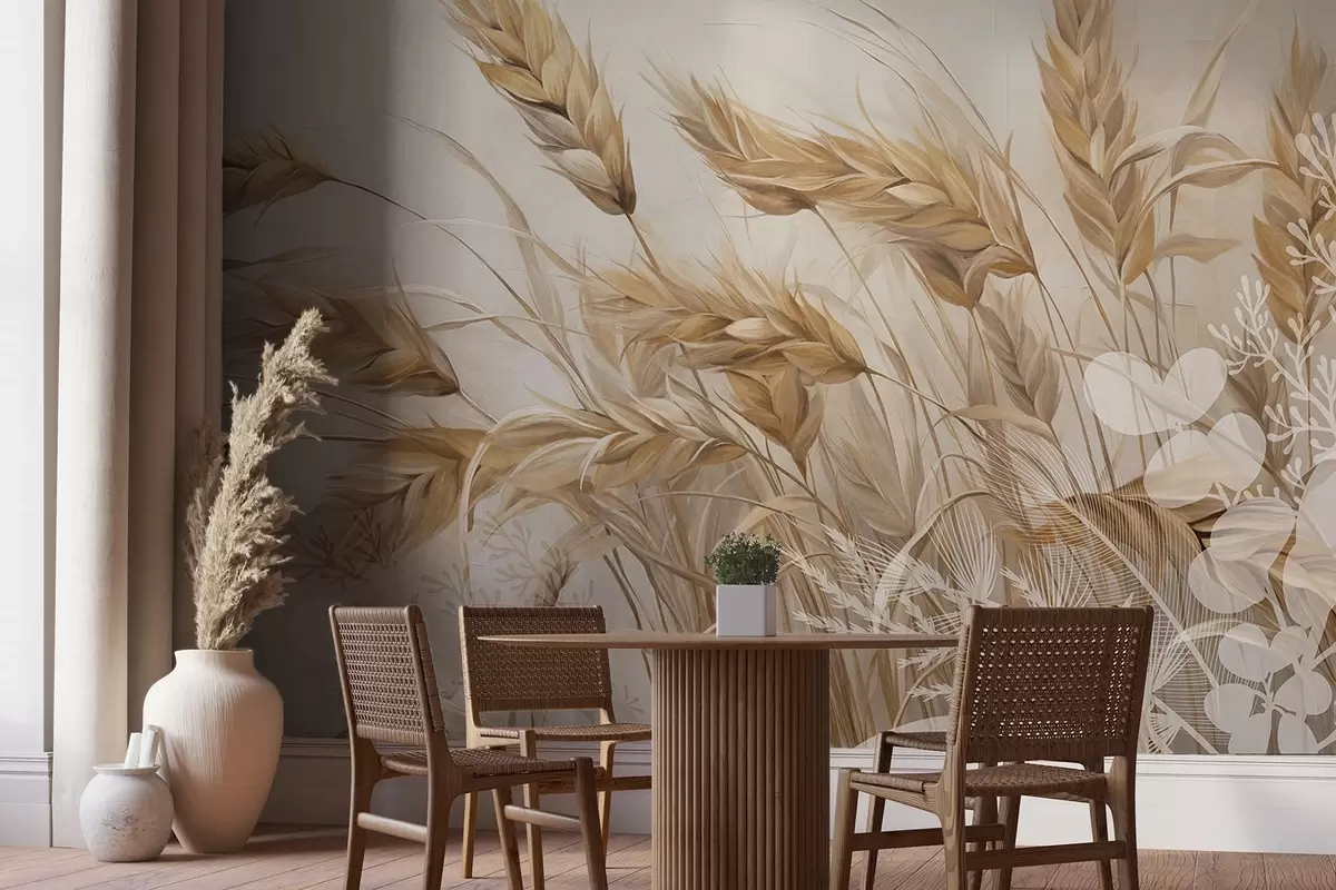 wall murals Поље текстуриране пшеницом са беж класјевима жита које се њишу на ветру, меке и пригушене боје, стварајући осећај топлине  w09264