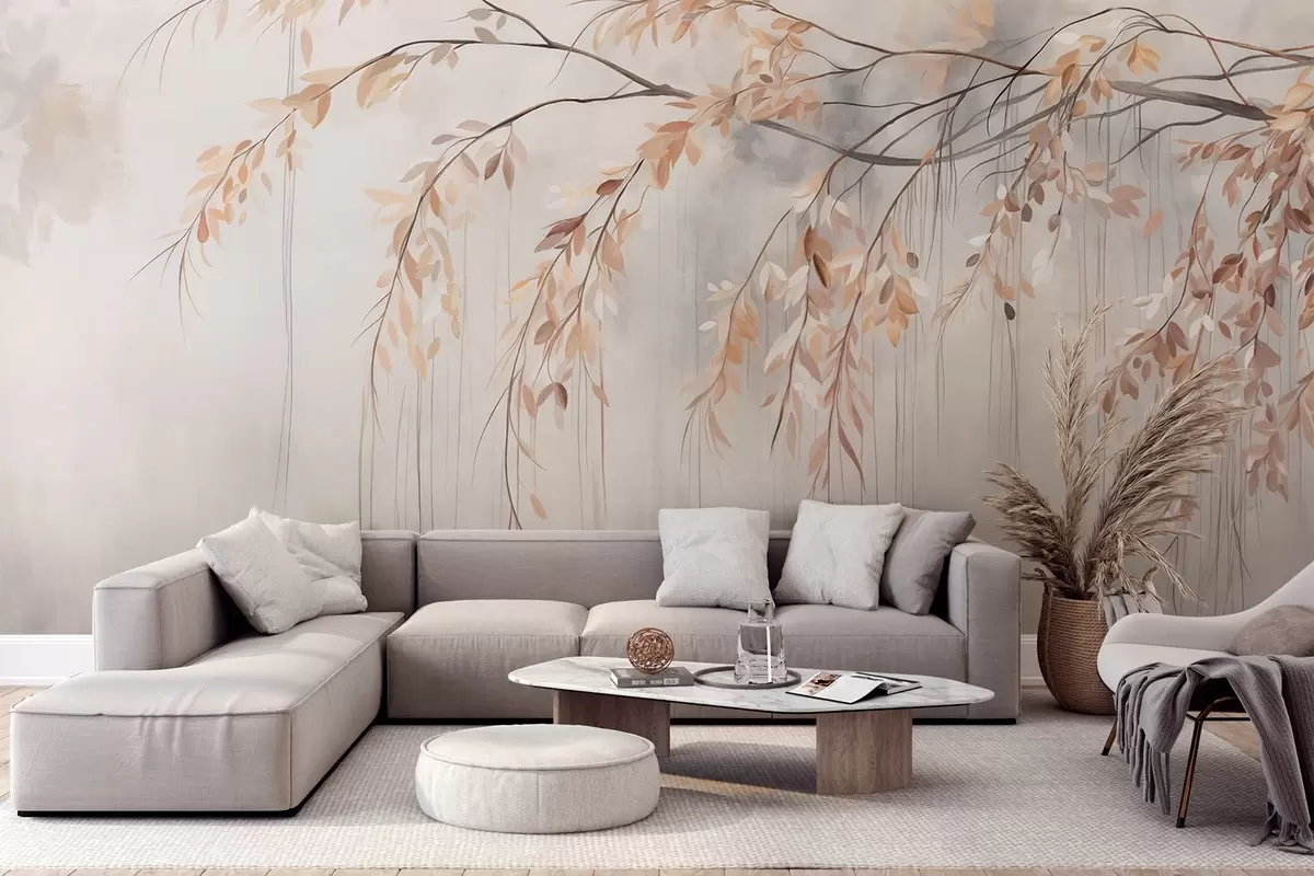 wall murals Грана са светло наранџастим листовима који висе надоле, светло сива текстурирана замућена позадина, мекан и деликатан стил w09265