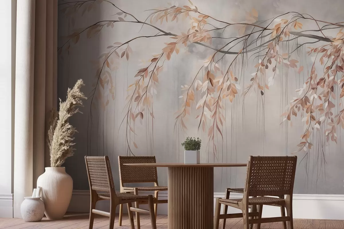 wall murals Грана са светло наранџастим листовима који висе надоле, светло сива текстурирана замућена позадина, мекан и деликатан стил w09265