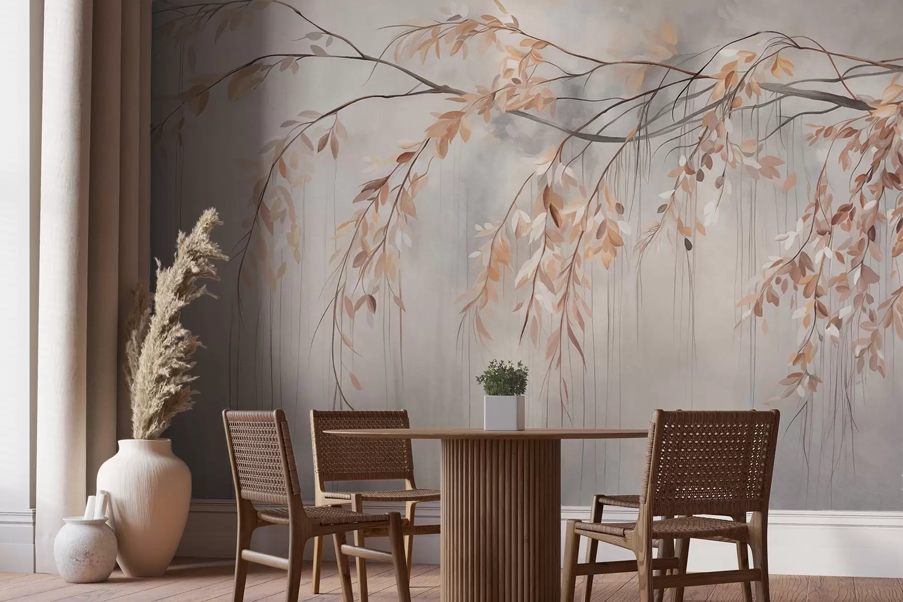 wall murals Грана са светло наранџастим листовима који висе надоле, светло сива текстурирана замућена позадина, мекан и деликатан стил w09265