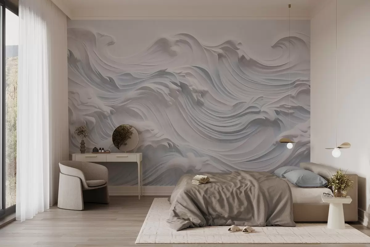wall murals Бели и светлоплави текстурирани апстрактни океански таласи са пеном, који теку с лева на десно, динамичан и текстуриран отисак w09266