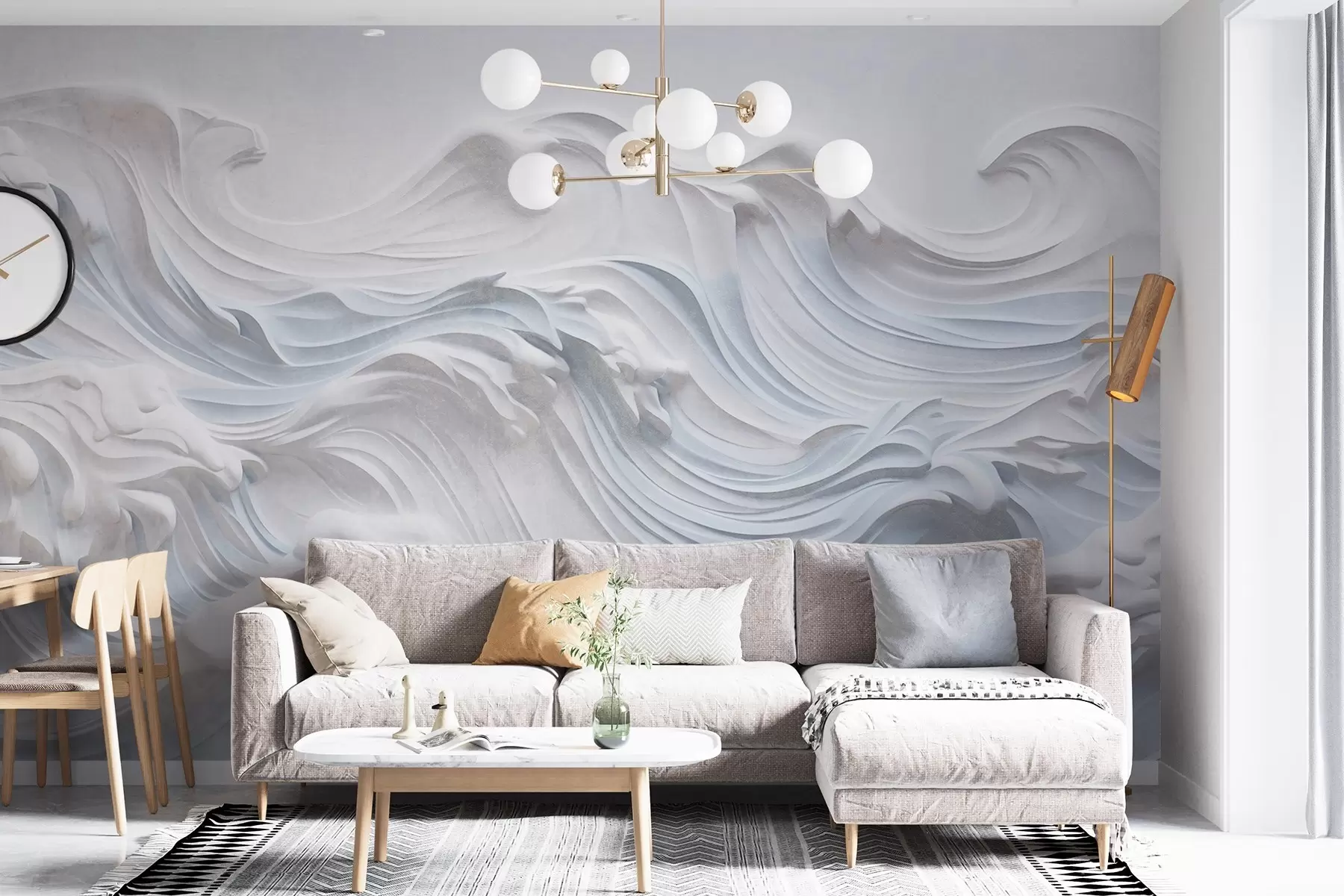 wall murals Бели и светлоплави текстурирани апстрактни океански таласи са пеном, који теку с лева на десно, динамичан и текстуриран отисак w09266
