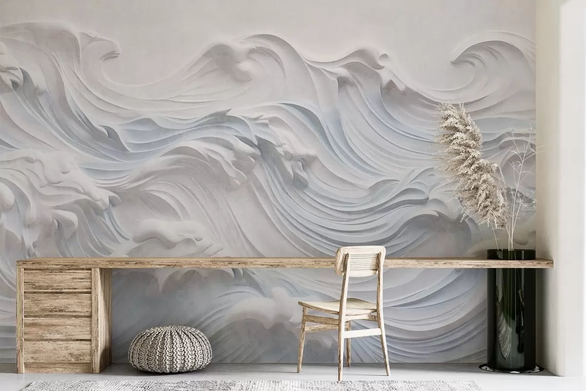 wall murals Бели и светлоплави текстурирани апстрактни океански таласи са пеном, који теку с лева на десно, динамичан и текстуриран отисак w09266