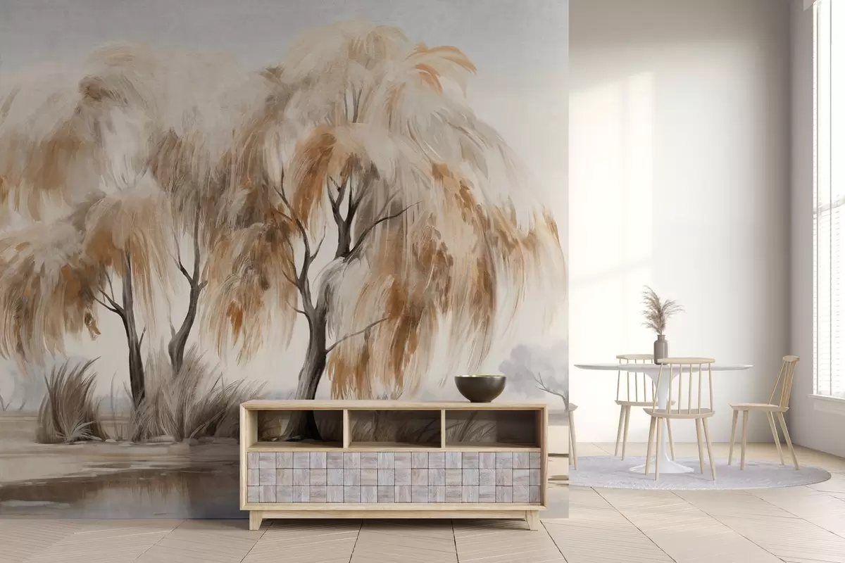 wall murals Текстуриране врбе са смеђим и белим лишћем на обали језера, са мало траве око њих, у магловитом дану w09268