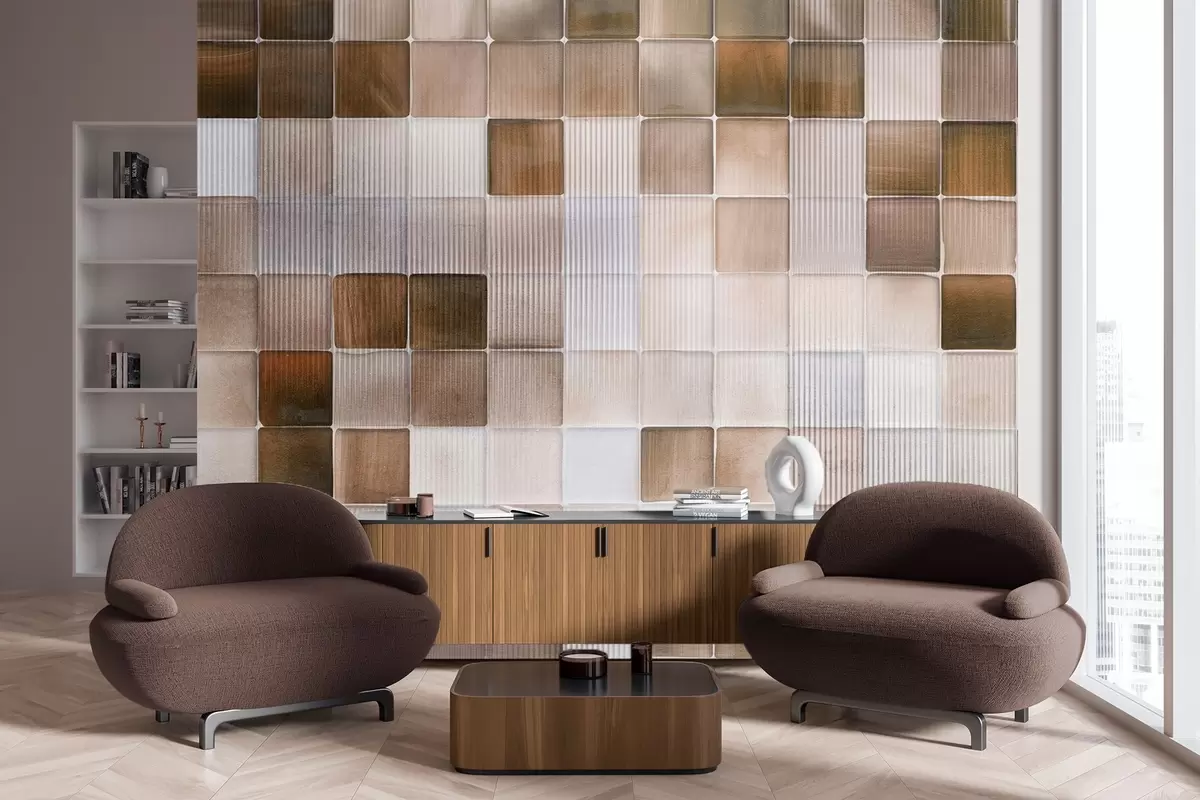 wall murals Квадратне мозаичне камене плочице у нијансама браон, беж и беле са апстрактном жлебљеном зрнастом бучном текстуром w09269