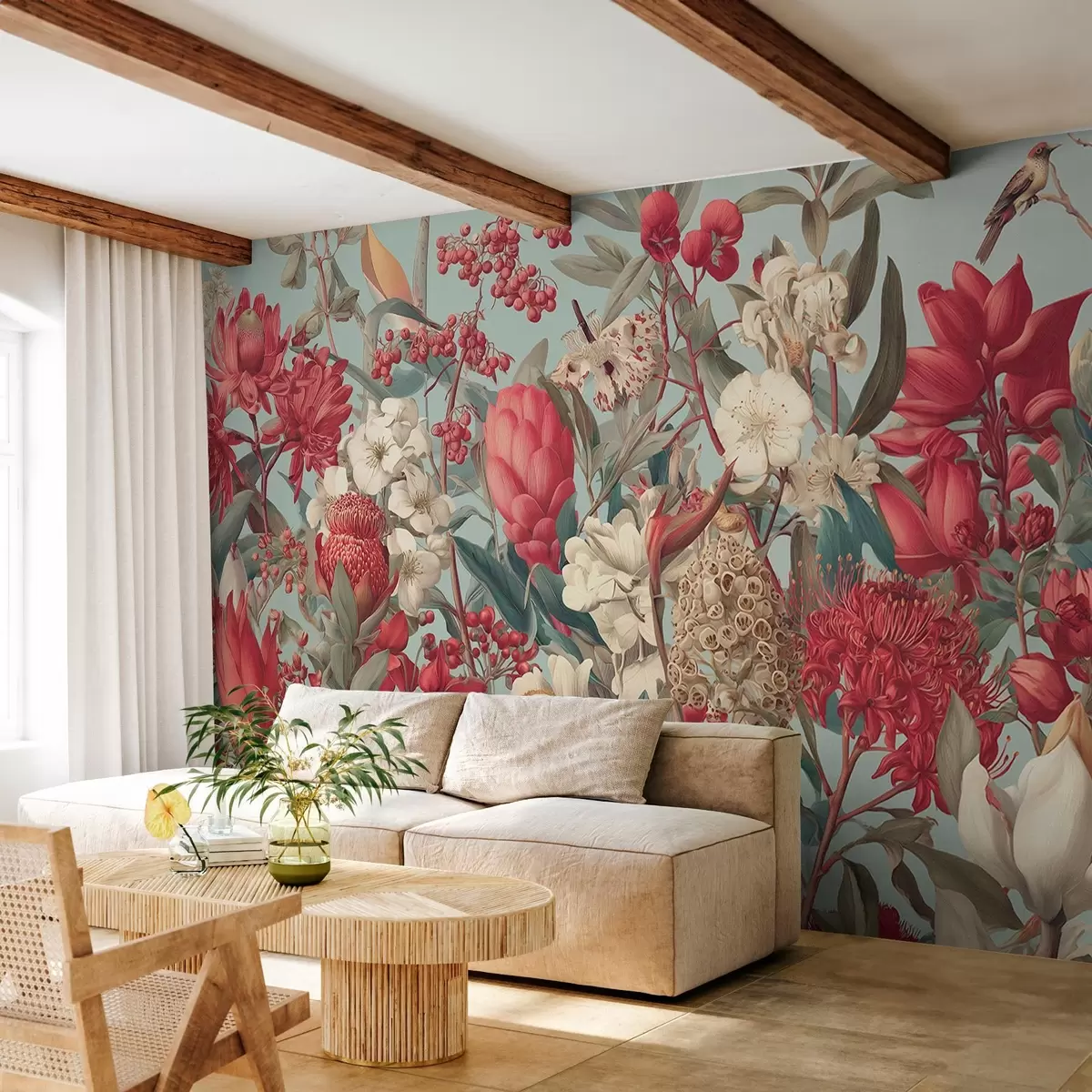 wall murals текстурирано тропско цвеће на плавој позадини w04209