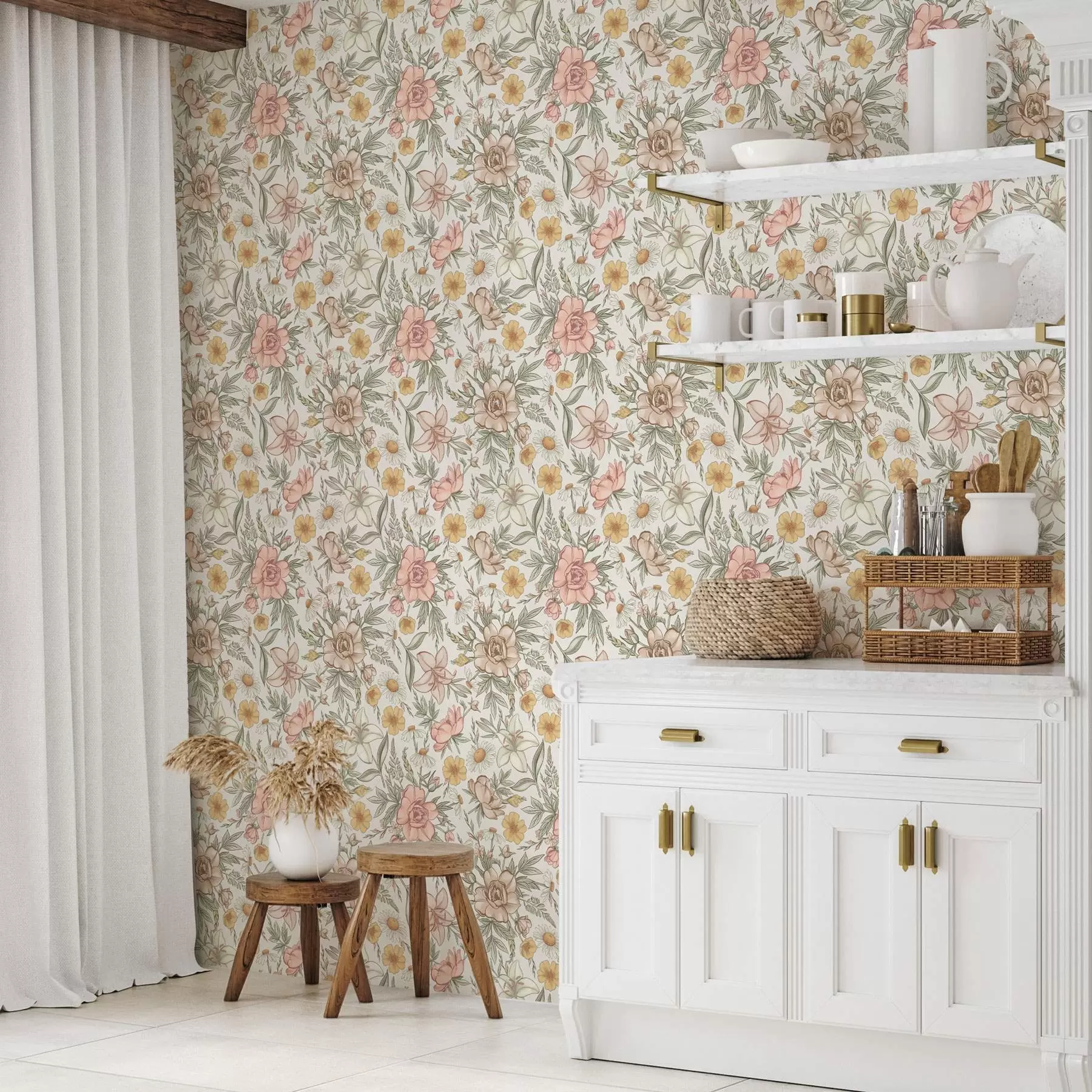 wall murals Тратинчице, божури, љиљани и лишће у нежним бојама a00299