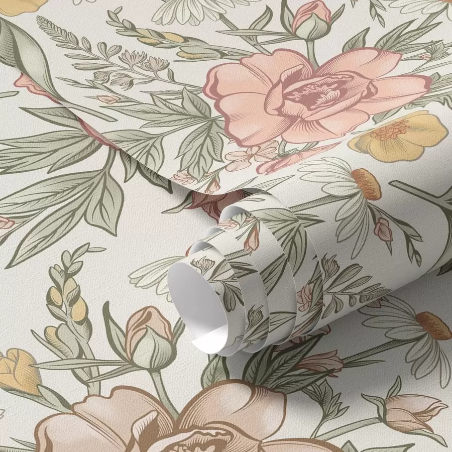 wall murals Тратинчице, божури, љиљани и лишће у нежним бојама a00299