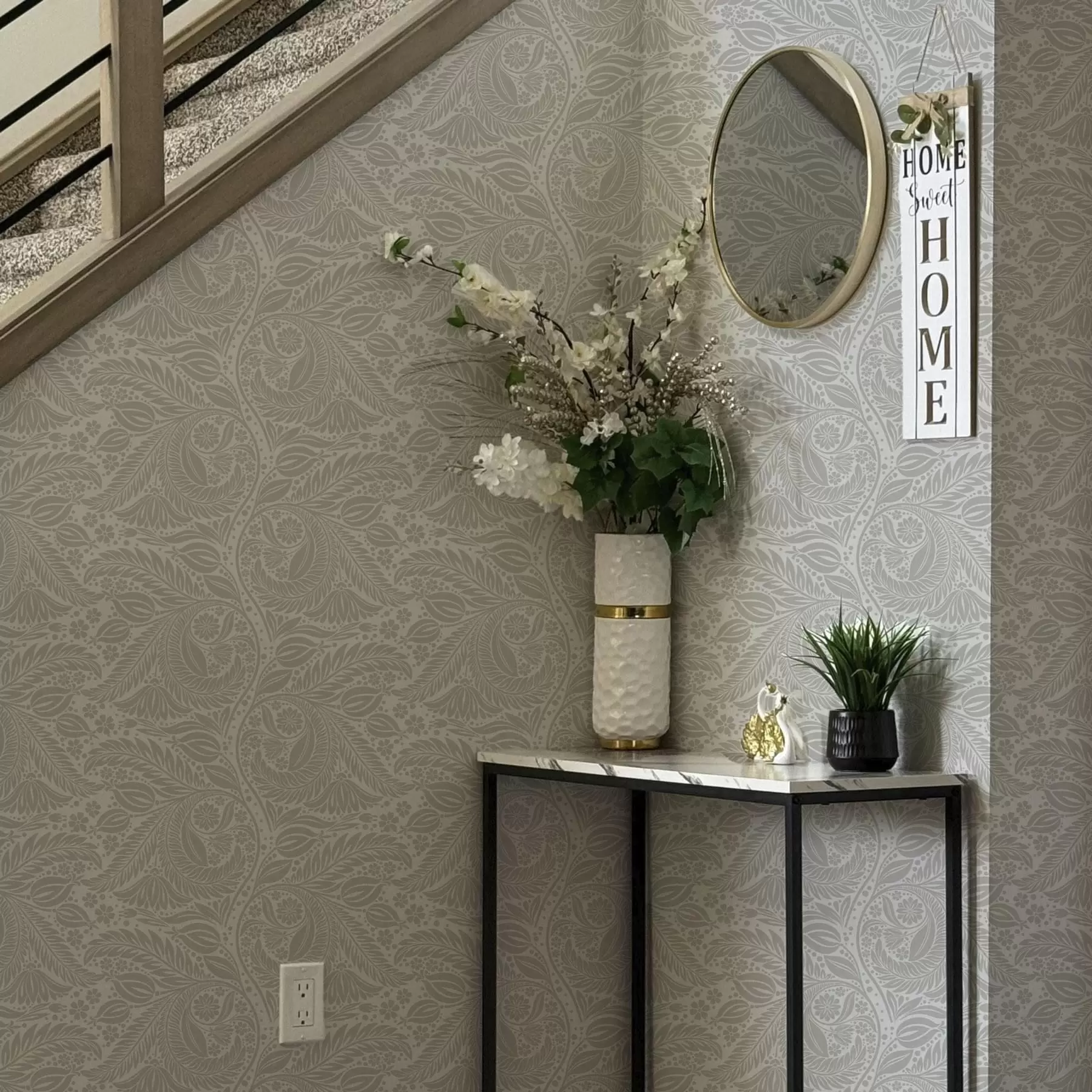 wall murals Сива фолклорна стилизација са лишћем и цвећем a00301