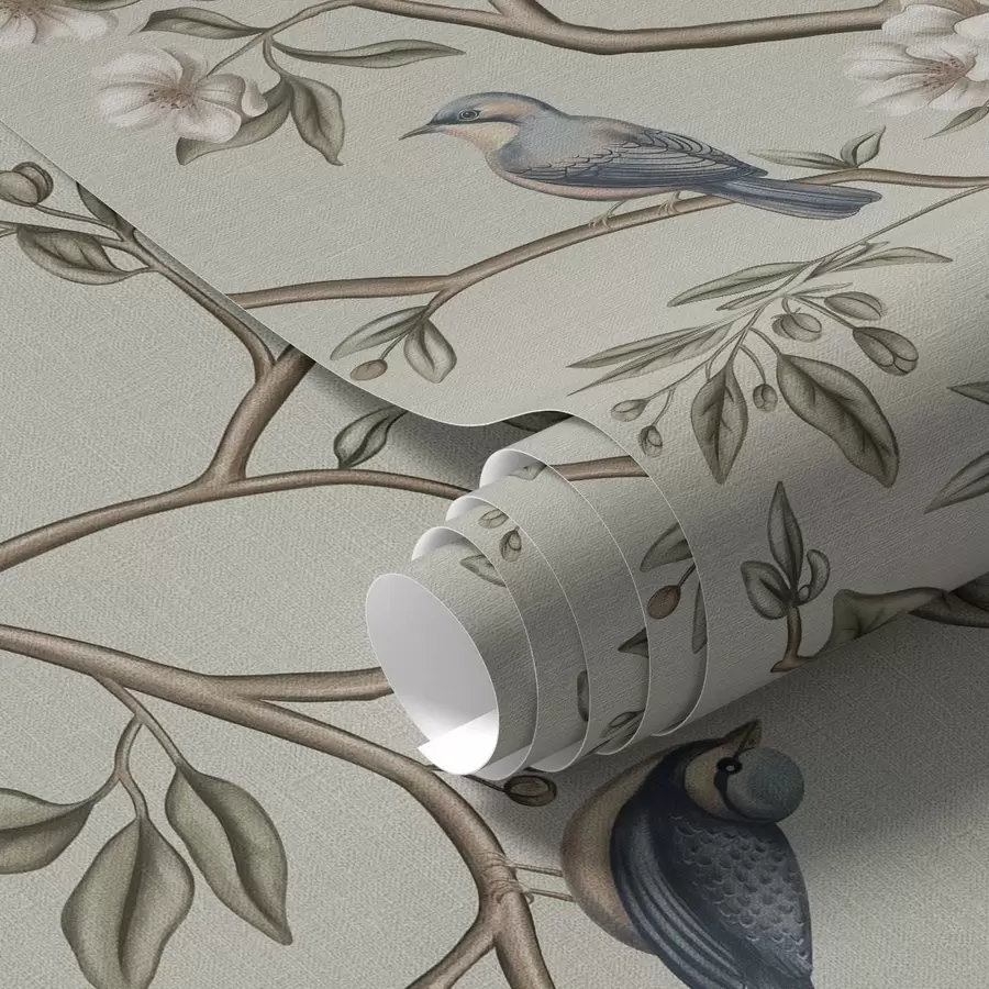 wall murals Гране са птицама и белим цвећем на нежној позадини a00303