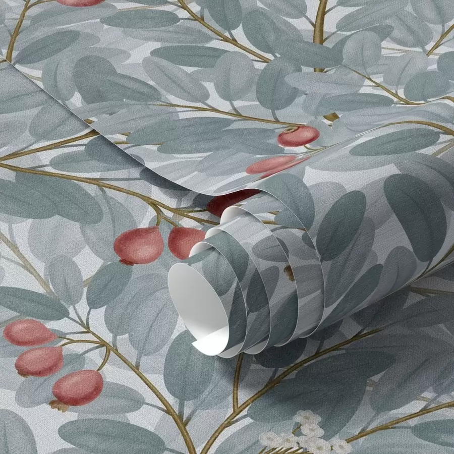 wall murals Плави листови са гранчицама црвених бобица a00309