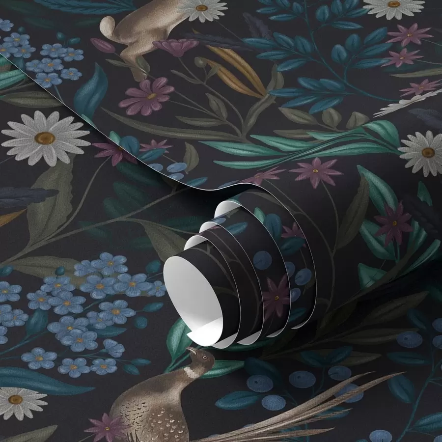 wall murals Мрачна шума са цвећем, зецем и птицом a00310