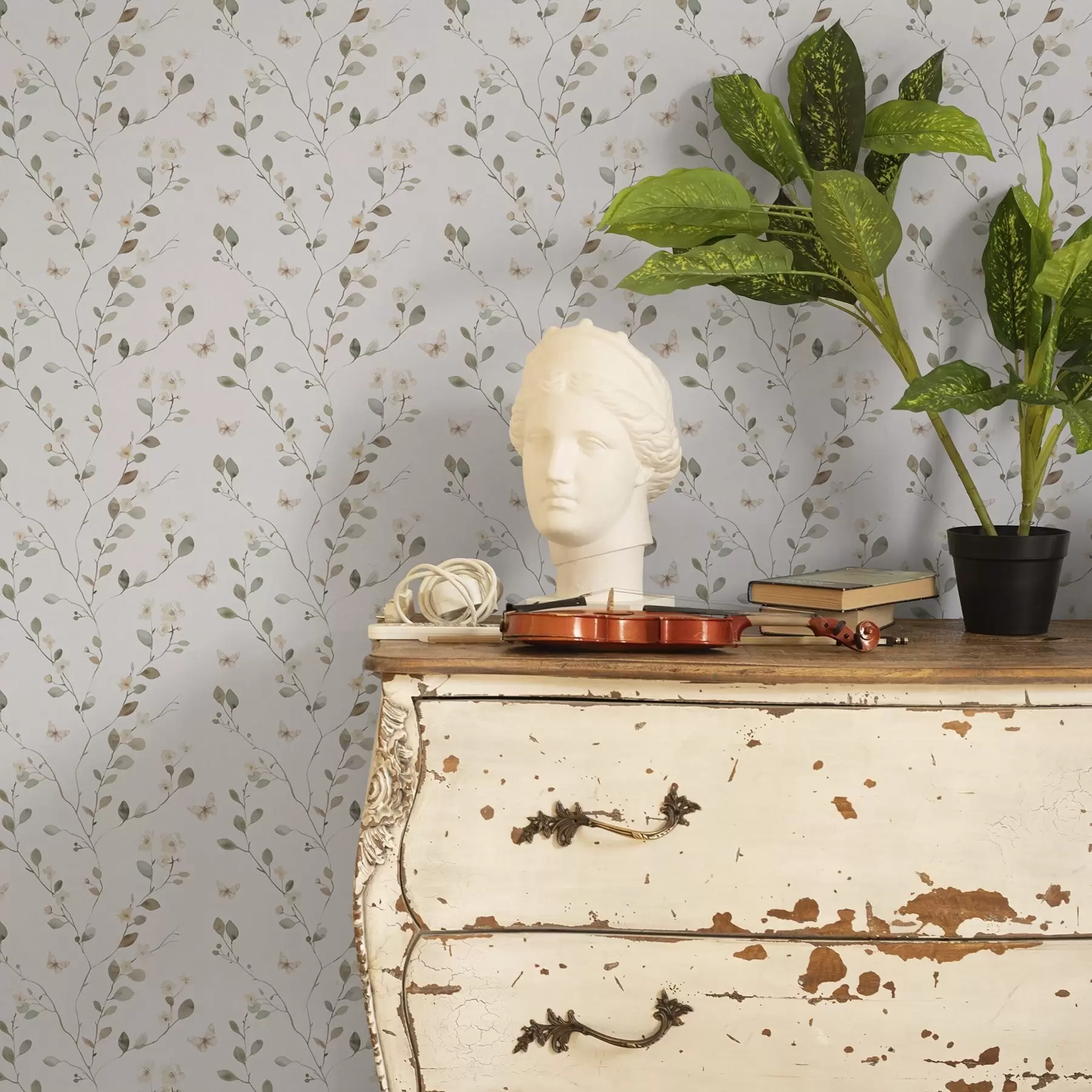 wall murals Танке гране са цвећем и лептирима на белој позадини a00342