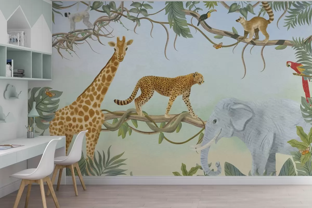 wall murals Илустрација џунгле са жирафом, гепардом и слоном w04194