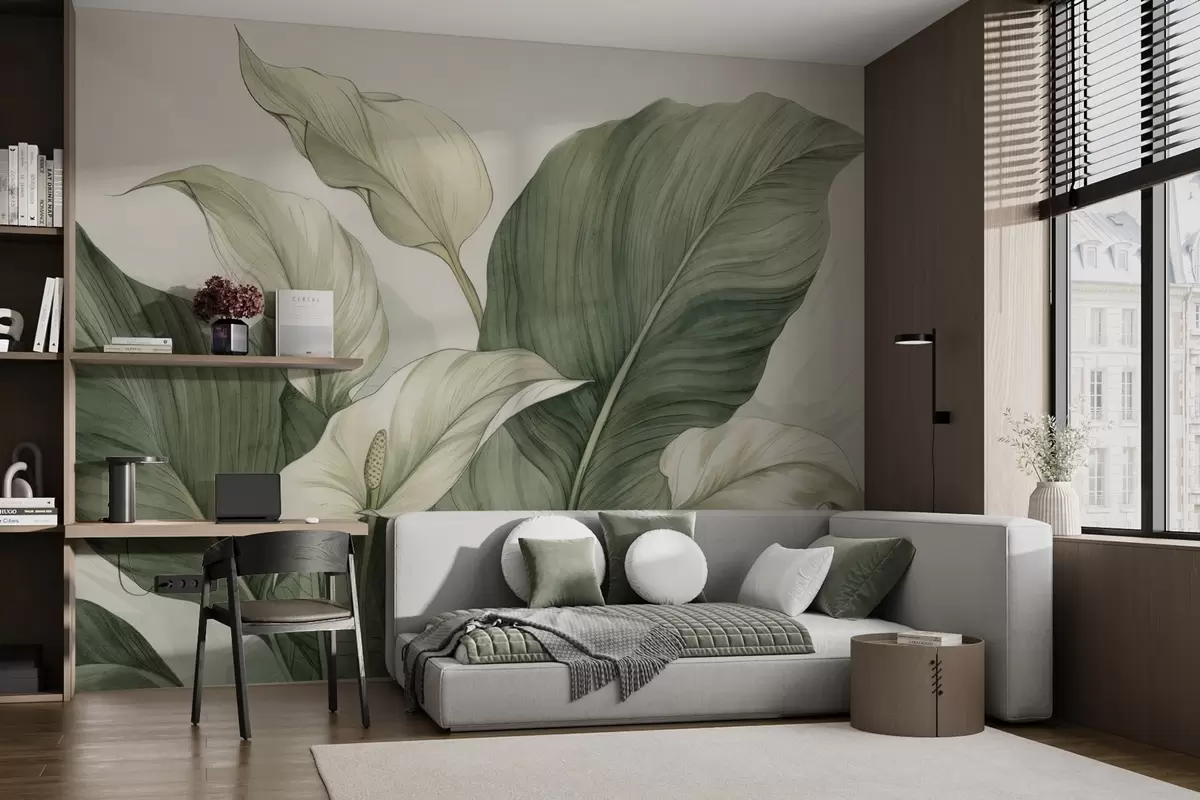 wall murals Крупни план цветајућег спатифилума са великим листовима w04263