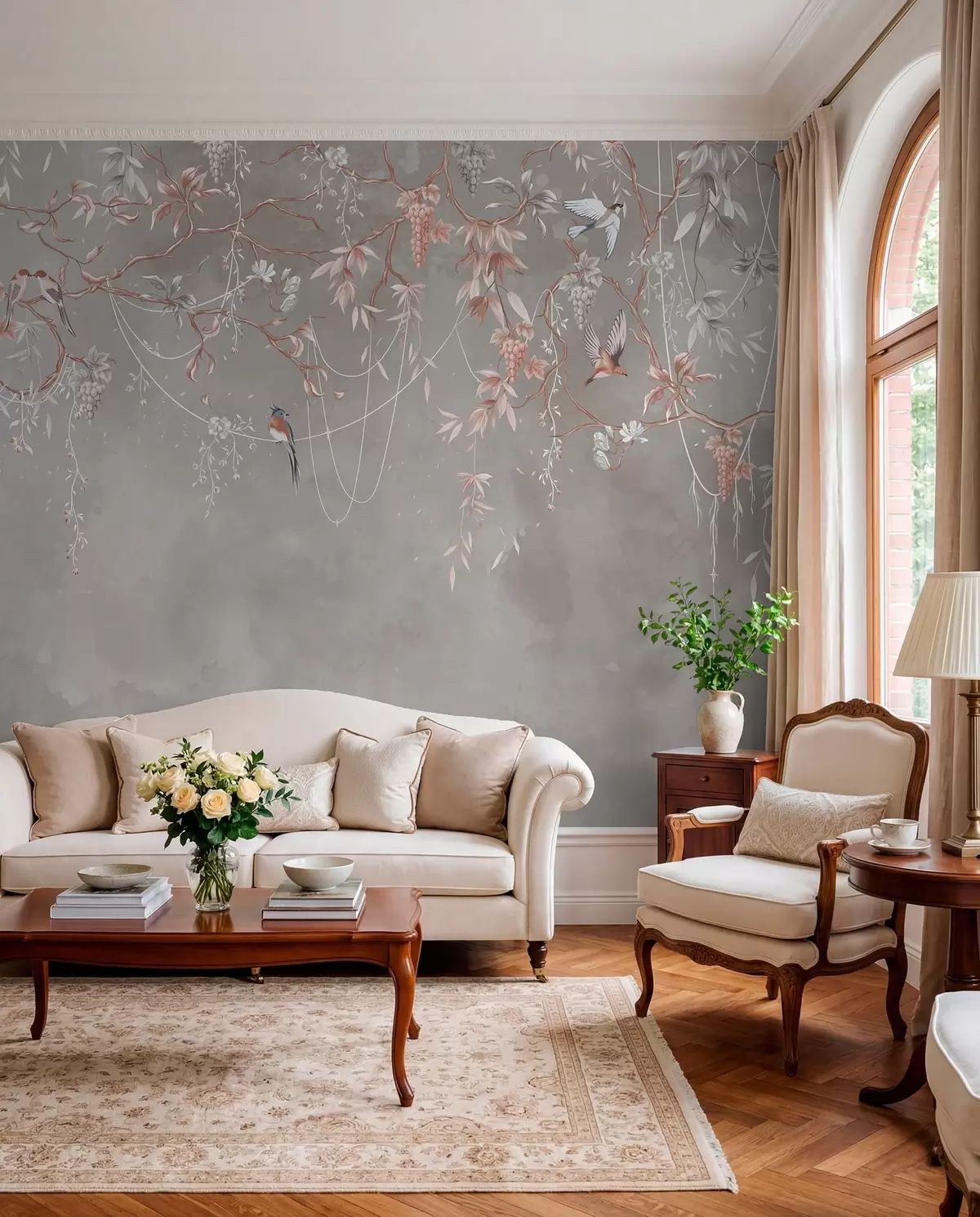 wall murals Гране са грожђем и птицама на топлој сиво-ружичастој позадини w04302