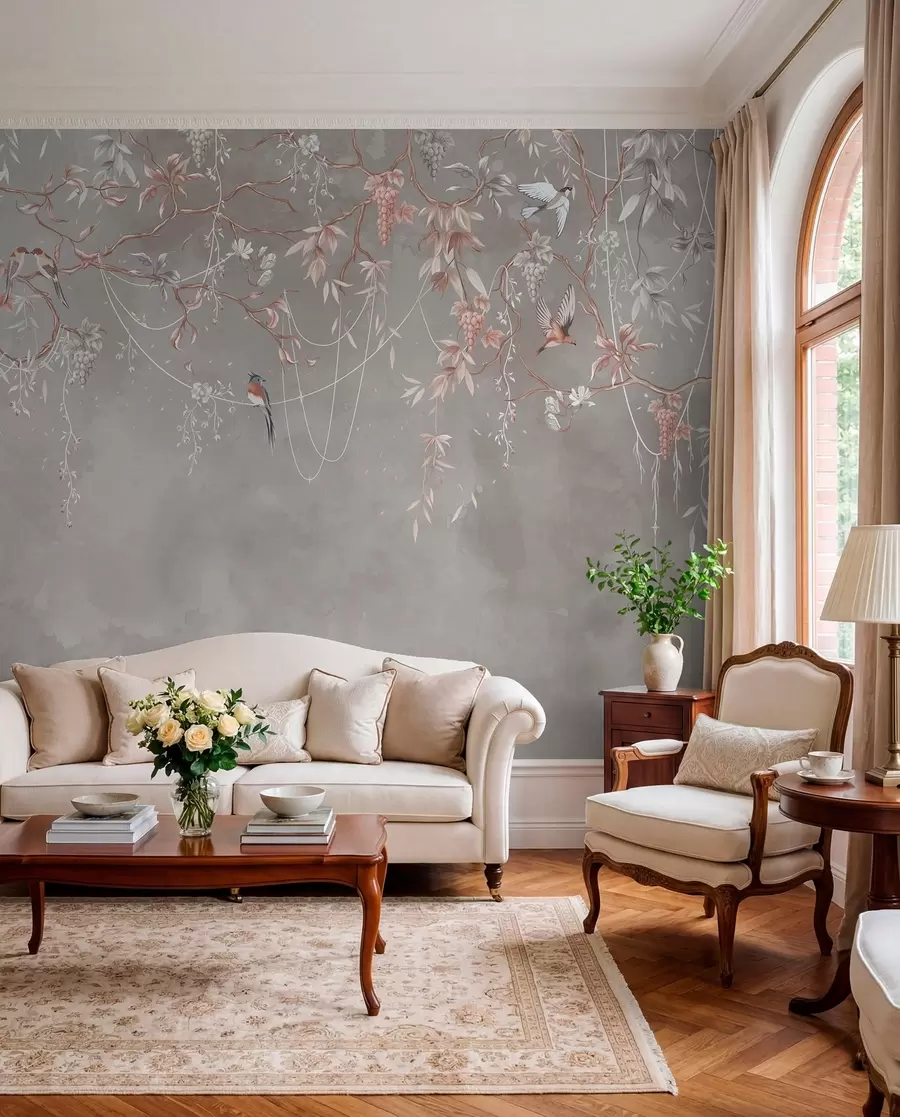 wall murals Гране са грожђем и птицама на топлој сиво-ружичастој позадини w04302