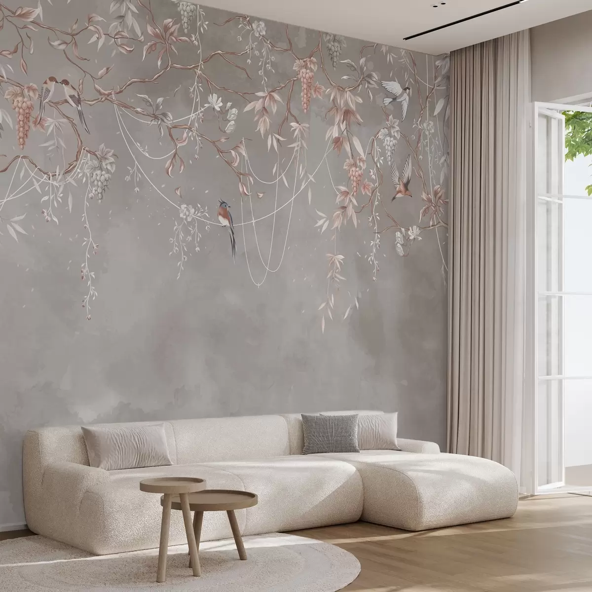 wall murals Гране са грожђем и птицама на топлој сиво-ружичастој позадини w04302