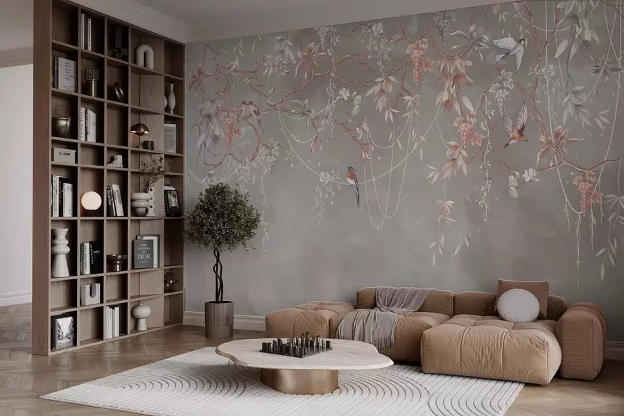 wall murals Гране са грожђем и птицама на топлој сиво-ружичастој позадини w04302