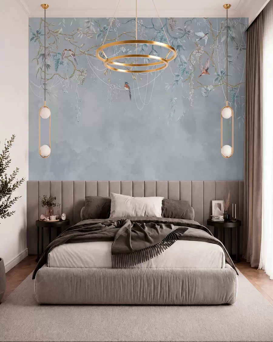 wall murals Хладна варијанта са плавом позадином и танким гранама w04302v3
