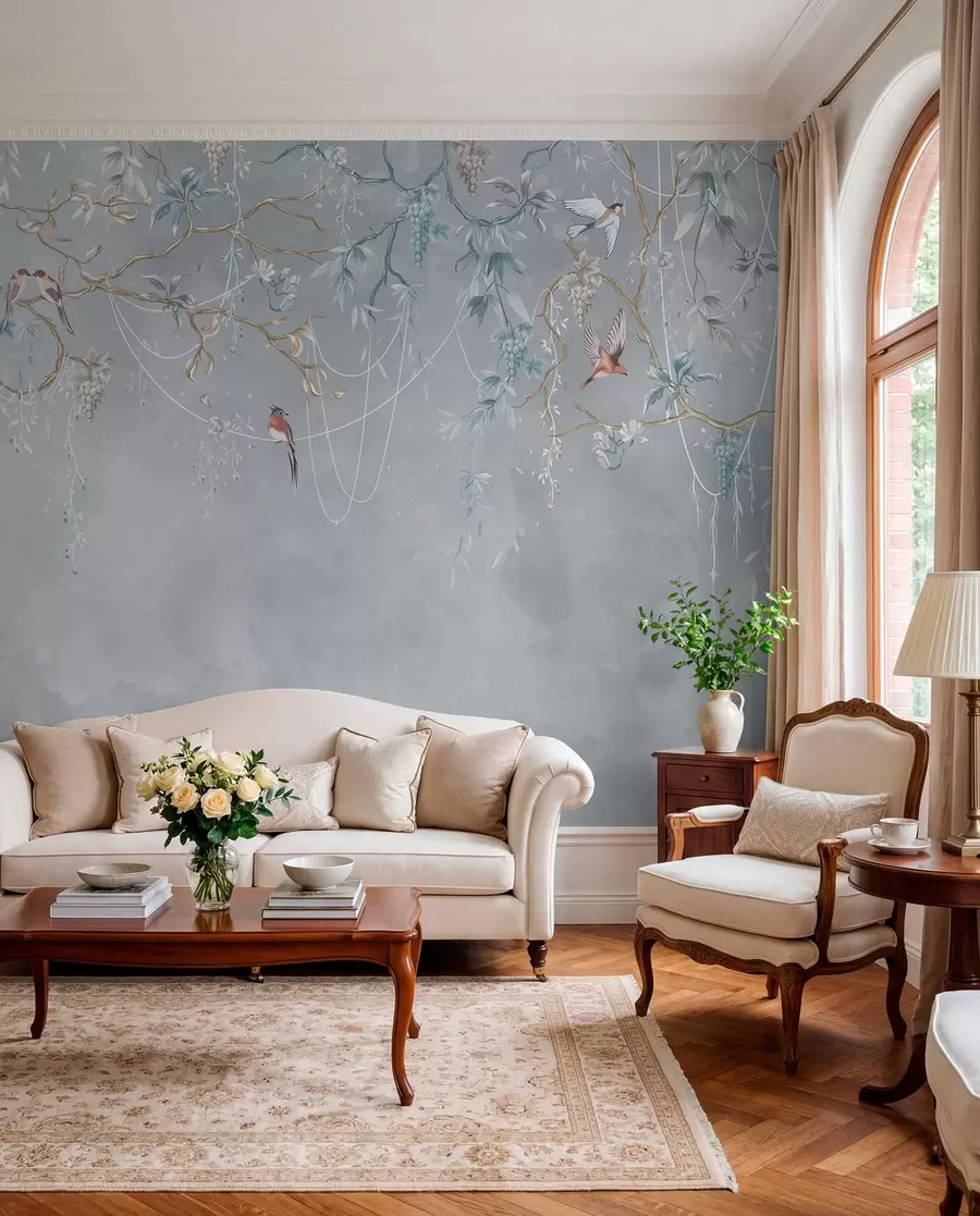 wall murals Хладна варијанта са плавом позадином и танким гранама w04302v3