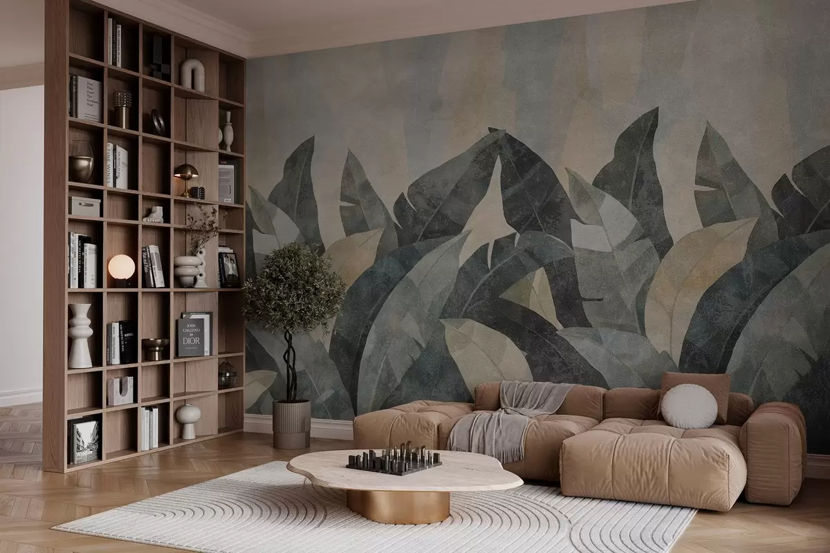 wall murals текстурирани листови банане у природним нијансама беж, зелене и сиве w04285