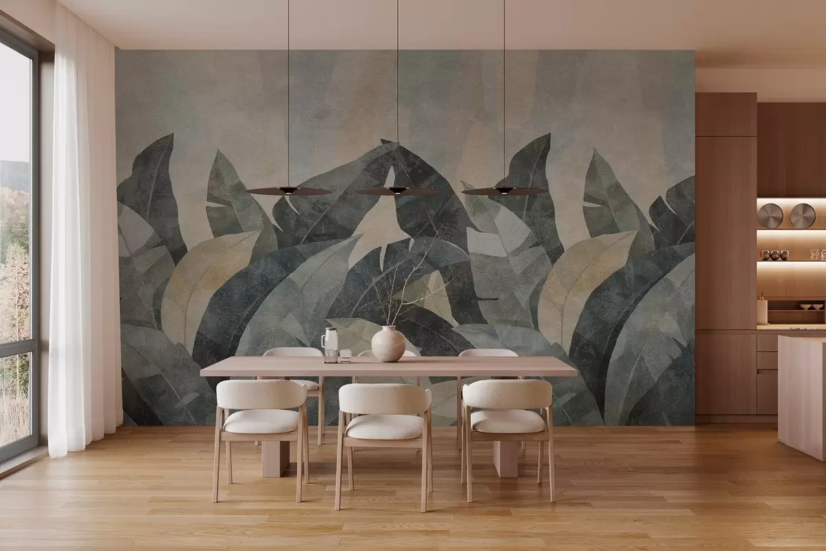 wall murals текстурирани листови банане у природним нијансама беж, зелене и сиве w04285