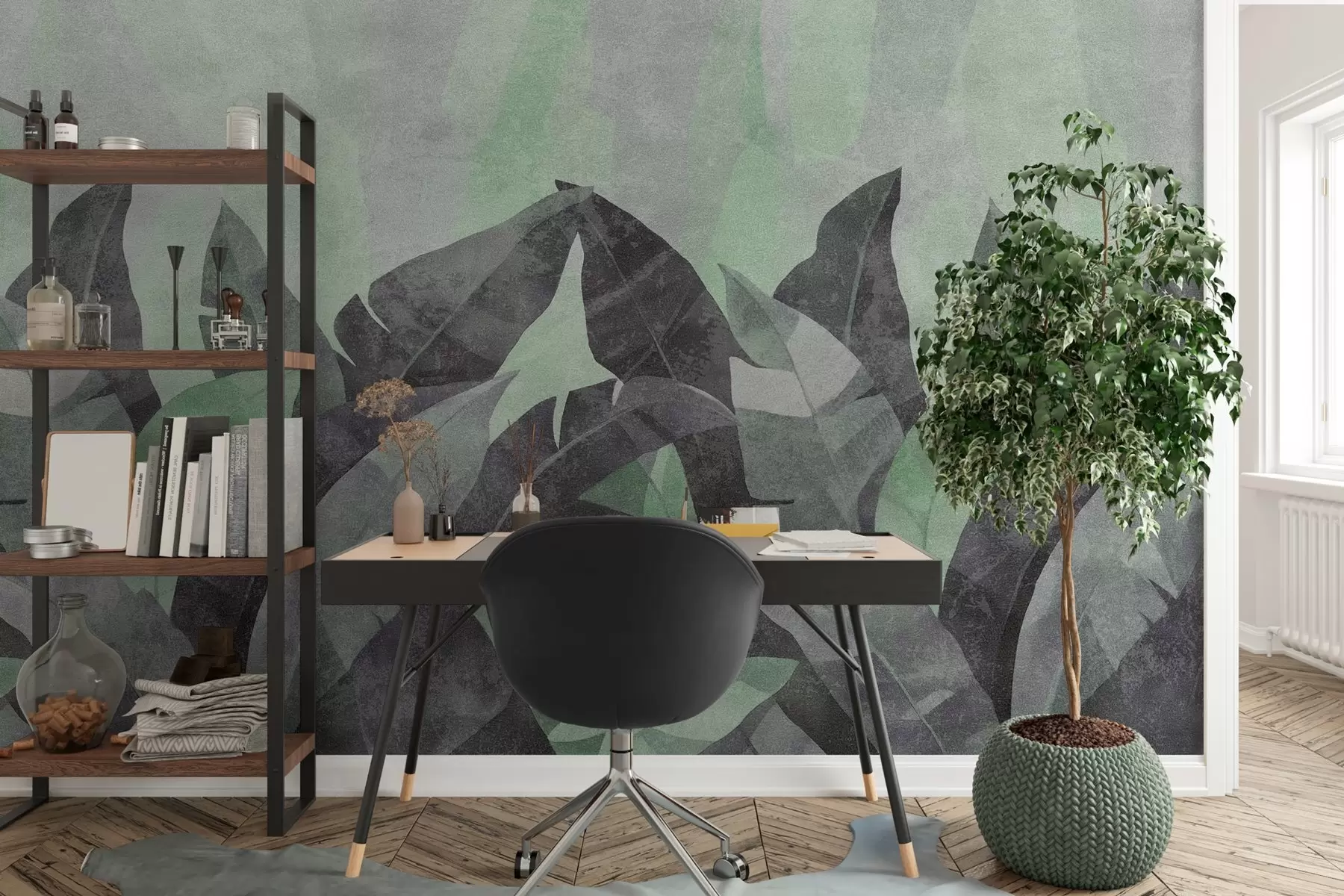 wall murals текстурирани листови банане у нијансама зелене и сиве w04285v1
