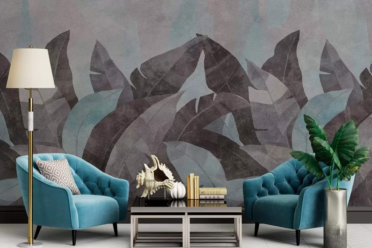 wall murals текстурирани листови банане у нијансама плаве и сиве w04285v2