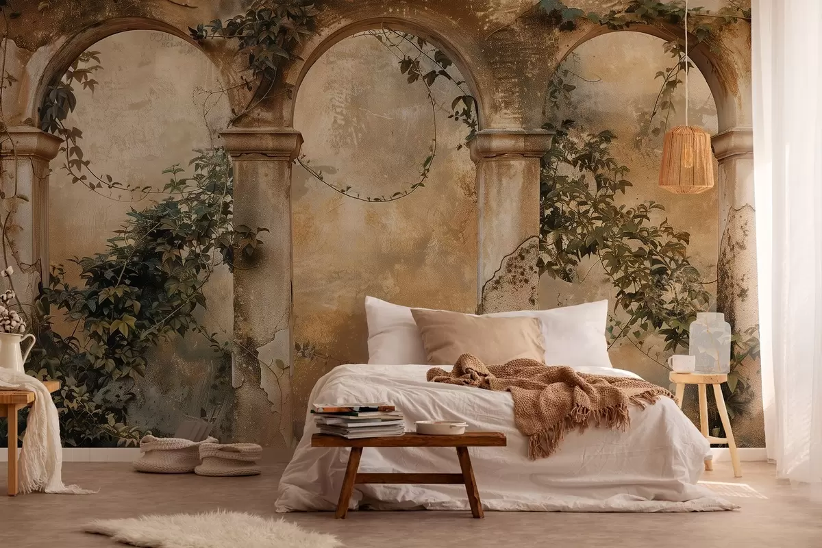 wall murals обојени ретро лукови са бршљаном w04304