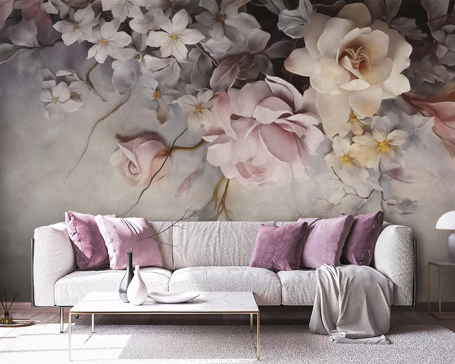 wall murals Велико цвеће виси низ зид на бетонској позадини w09184