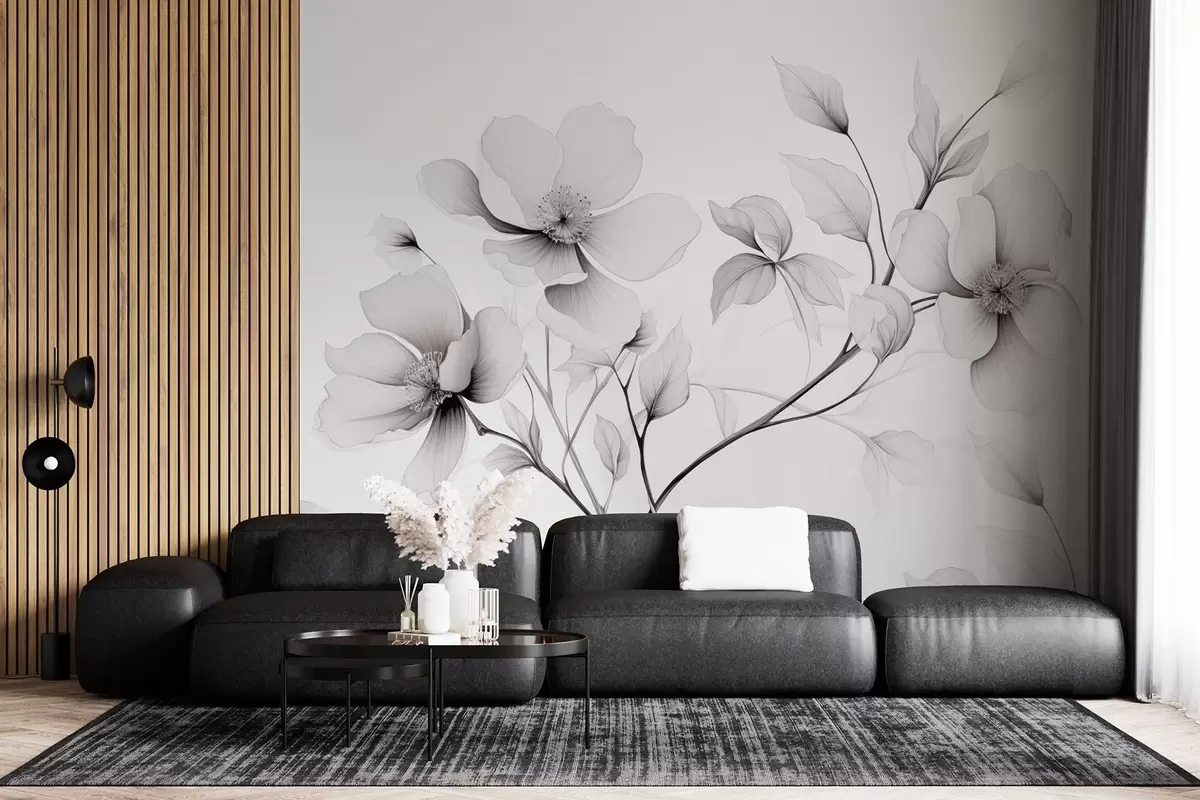 wall murals Црно-бело цвеће са елегантним линијама на сивој позадини w09271