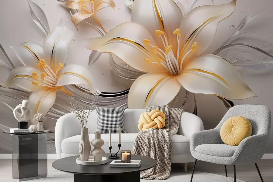 wall murals Жути љиљани са 3Д ефектом на светлој позадини w09278