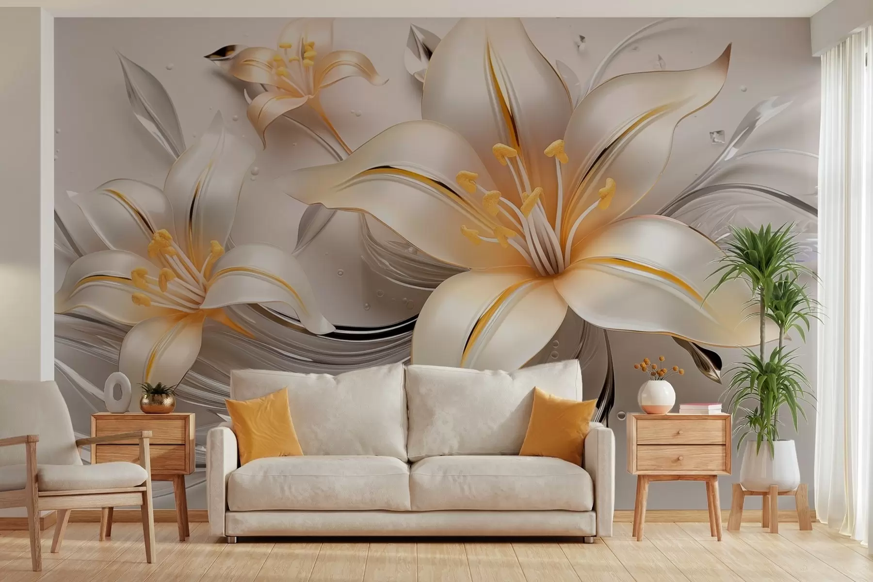 wall murals Жути љиљани са 3Д ефектом на светлој позадини w09278
